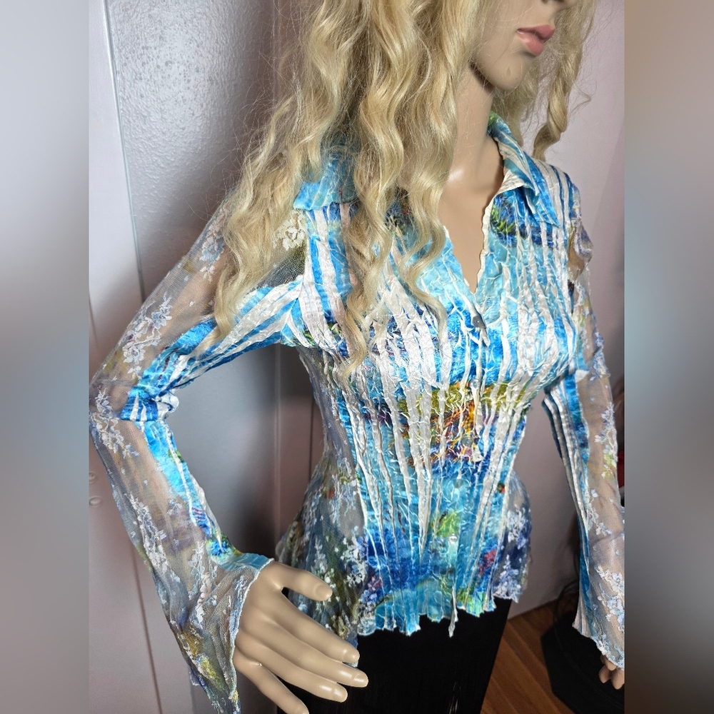 Caché Vintage Blue Abstract Floral Mesh Lace Button Up Blouse Crinkle Texture S - Picture 3 of 10